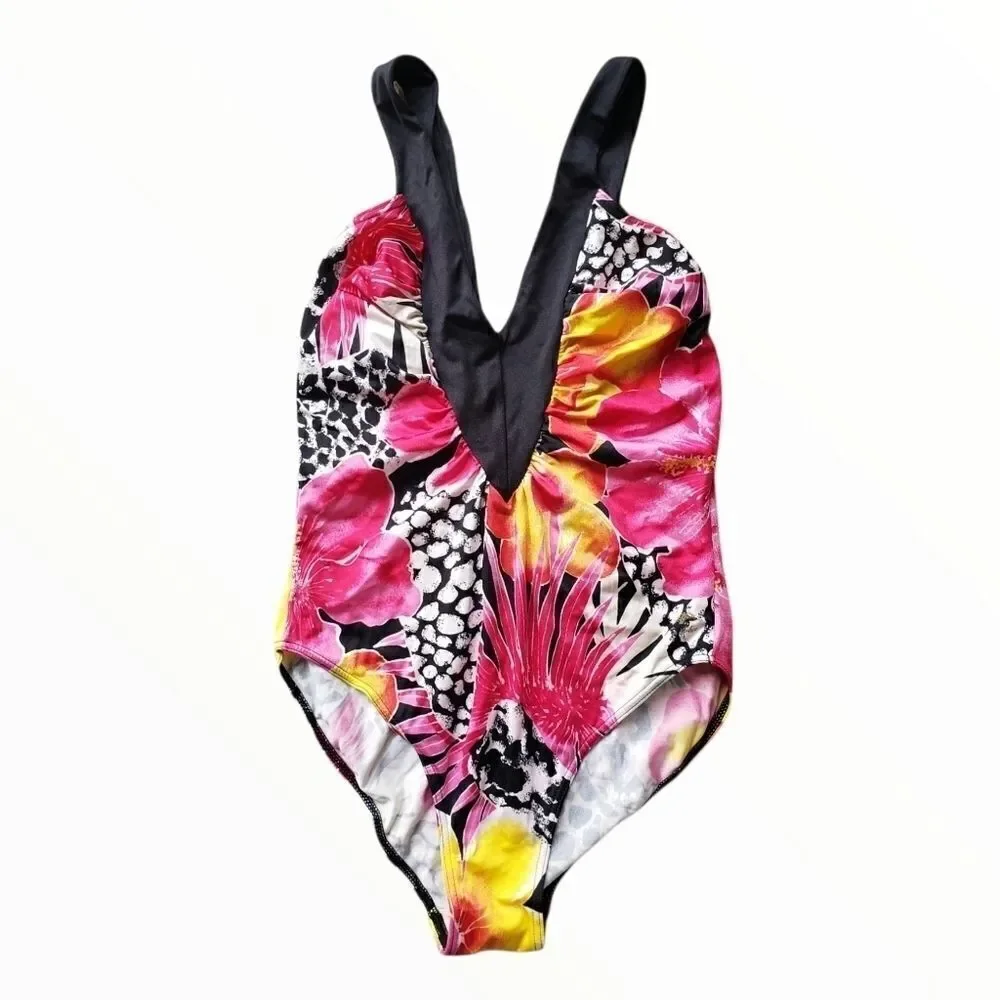 Vintage Tropical Plunging Neckline Pink Swimsuit Medium Like New
